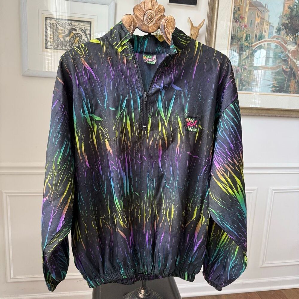 Vintage 90s Surf Style 1/4 Zip Windbreaker Pullover Jacket Interplanetary Multic - Picture 2 of 8